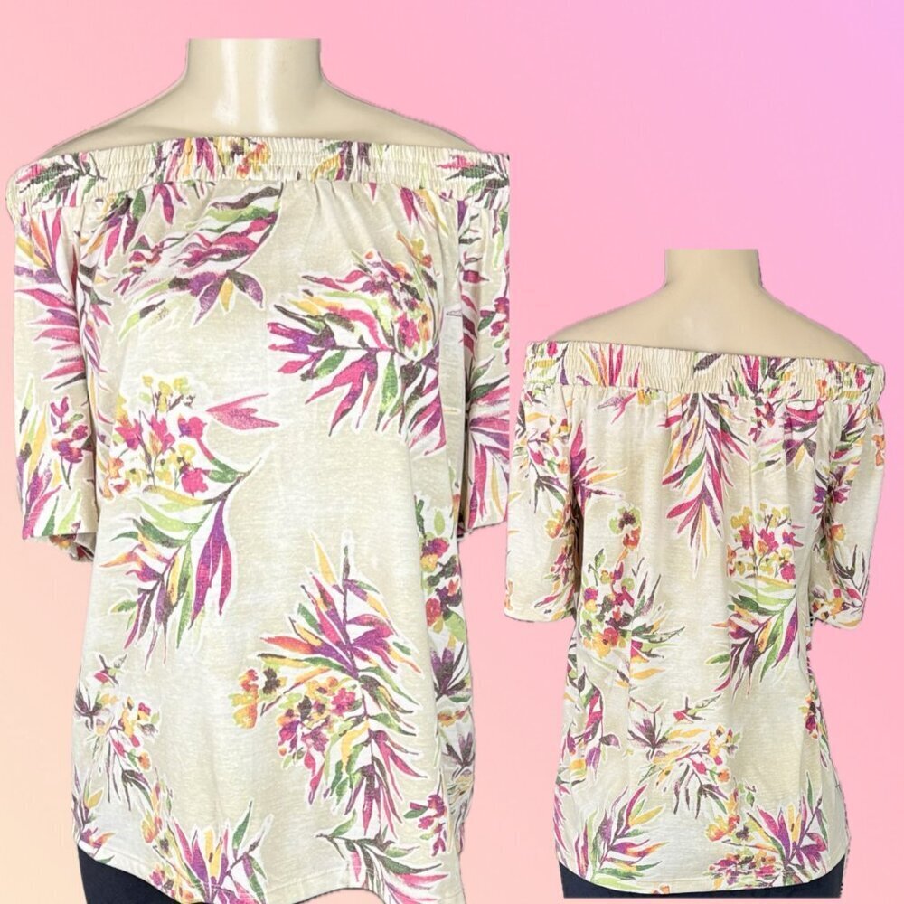 Jessica London 12/L Khaki Floral Elastic Off Shoulder Neckline Short Sleeve Top